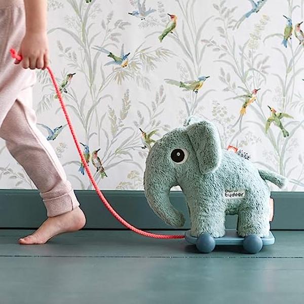 Done by Deer Pull Along Elphee Blue - Soft and Cuddly Elephant Toy with Detachable Magnetic Feet and Wagon - Perfect for Encouraging First Steps and Mobility Development