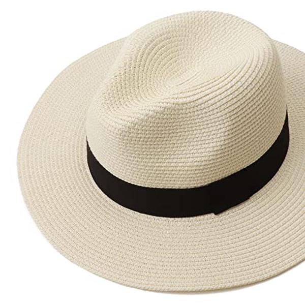 DRESHOW Women Straw Panama Hat Travel Fedora Beach Sun Hat Summer Wide Brim Straw Roll up Hat UPF 50+