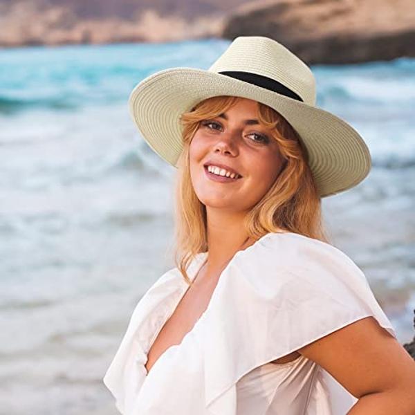 DRESHOW Women Straw Panama Hat Travel Fedora Beach Sun Hat Summer Wide Brim Straw Roll up Hat UPF 50+
