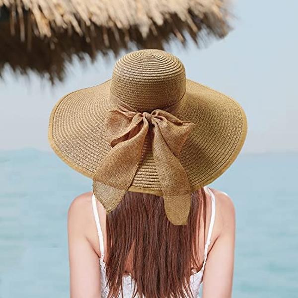 Floppy Big Beach Straw Hats for Women Foldable Summer Wide Brim Packable Oversized Sun Hat Womens Travel Straw Fedora Hat, Khaki-2