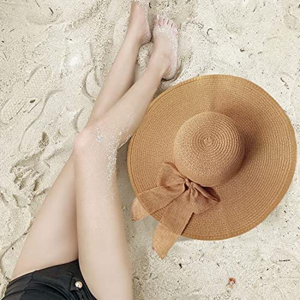 Floppy Big Beach Straw Hats for Women Foldable Summer Wide Brim Packable Oversized Sun Hat Womens Travel Straw Fedora Hat, Khaki-2