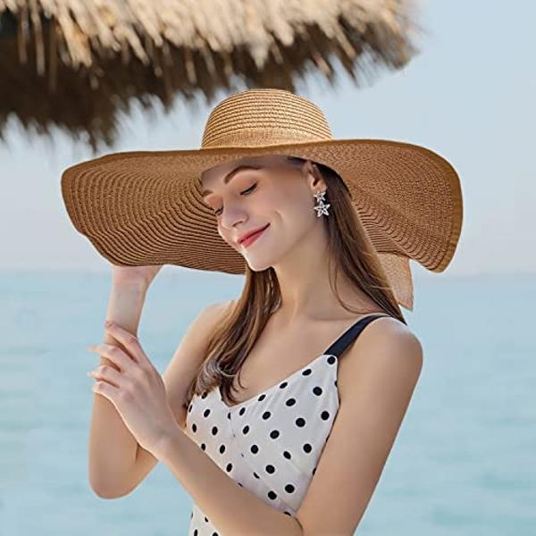 Floppy Big Beach Straw Hats for Women Foldable Summer Wide Brim Packable Oversized Sun Hat Womens Travel Straw Fedora Hat, Khaki-2