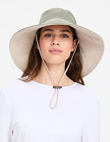 Solbari Ultra Wide Cotton Linen Hat - UPF50+ Packable UV Sun Protection Hat with Large Brim and Detachable Strap, Sage/Beige, Small - Medium
