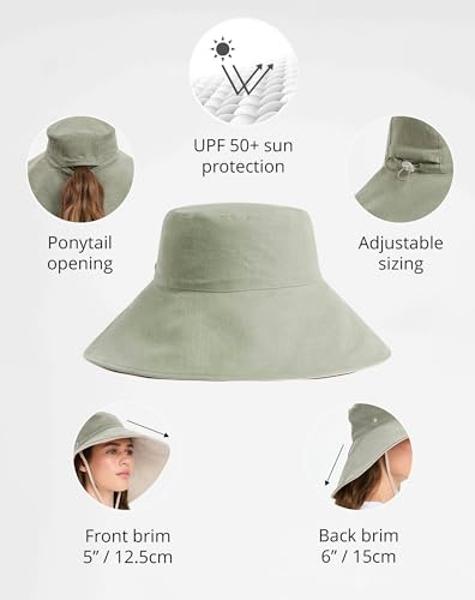 Solbari Ultra Wide Cotton Linen Hat - UPF50+ Packable UV Sun Protection Hat with Large Brim and Detachable Strap, Sage/Beige, Small - Medium