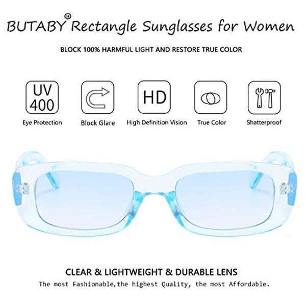 BUTABY Rectangle Sunglasses for Women Retro Driving Glasses 90’s Vintage Fashion Narrow Square Frame UV400 Protection Blue