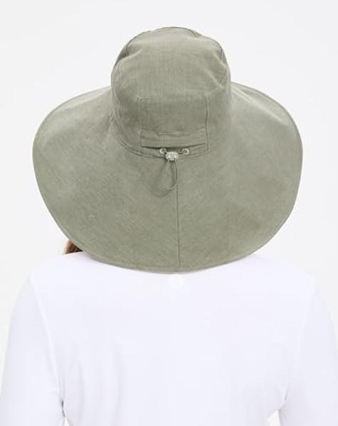 Solbari Ultra Wide Cotton Linen Hat - UPF50+ Packable UV Sun Protection Hat with Large Brim and Detachable Strap, Sage/Beige, Small - Medium