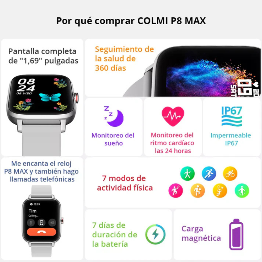 Smartwatch Colmi P8 Max Plateado – Reloj Inteligente Unisex con Llamadas, Salud y Estilo Deportivo