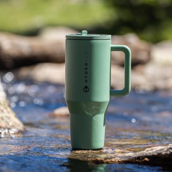 HydroJug Traveler - 40 oz Water Bottle with Handle & Flip Straw - Fits in Cup Holder, Leak Resistant Tumbler-Reusable Insulated Stainless Steel & Rubber Base - Gifts for Women & Me
