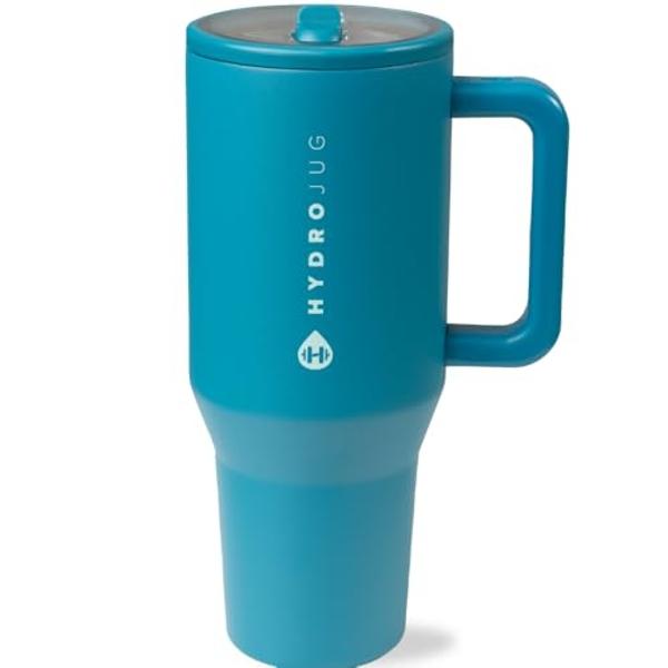 HydroJug Traveler - 40 oz Water Bottle with Handle & Flip Straw - Fits in Cup Holder, Leak Resistant Tumbler-Reusable Insulated Stainless Steel & Rubber Base - Gifts for Women & Me