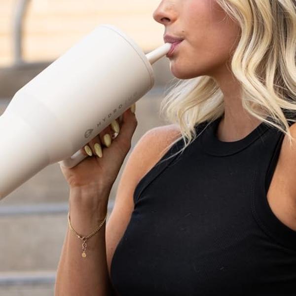 HydroJug Traveler - 40 oz Water Bottle with Handle & Flip Straw - Fits in Cup Holder, Leak Resistant Tumbler-Reusable Insulated Stainless Steel & Rubber Base - Gifts for Women & Me