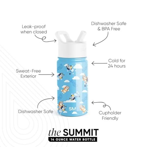 Simple Modern Kids Summit Water Bottle with Straw Lid | Bluey 14oz Stainless Steel Cup Insulated Tumbler for Toddlers, School | Bluey Sky