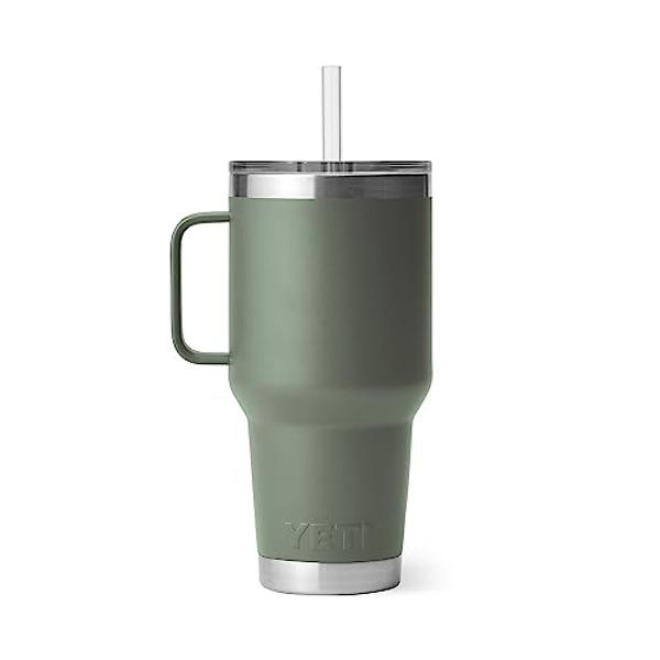 YETI Rambler 35 oz Tumbler with Handle and Straw Lid, Travel Mug Water Tumbler, Vacuum Insulated Cup with Handle, Stainless Steel, Camp Green