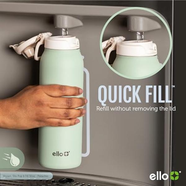 Ello Pop & Fill 22oz Stainless Steel Water Bottle with Quick Fill Technology, Double Walled and Vacuum Insulated Metal, Leak Proof Locking Lid, Sip and Chug, Reusable, BPA Free, Pa