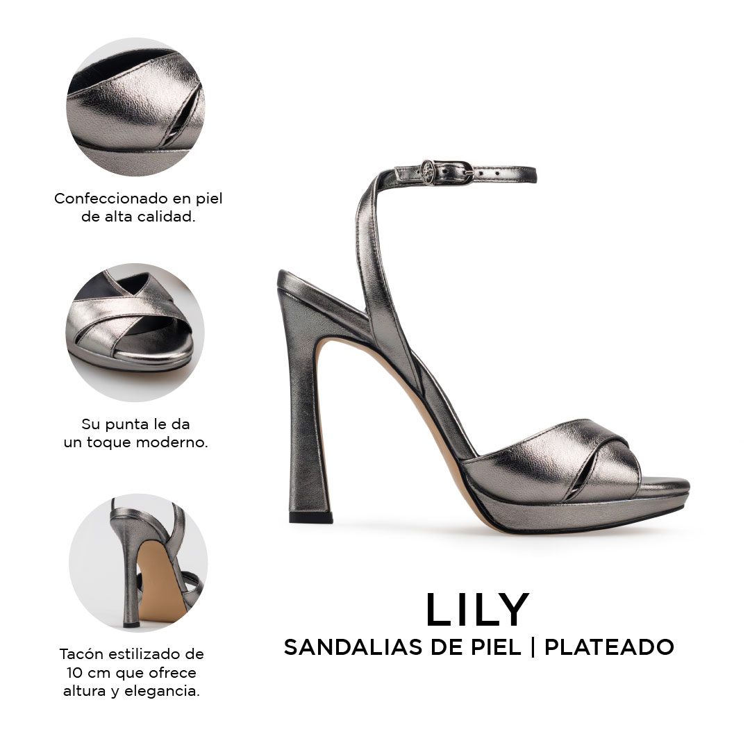 Zapatillas De Tacón Davenia De Piel Sandalia De Tacón Para Dama Mod. Lily Acero