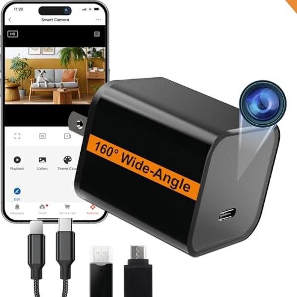 ALPHA TECH WiFi Smart Camera Charger - Remote View - 2.4G/5G WiFi - Premium HD 1080P - Best Mini Camera for Pets Nanny - Real Time Monitoring - Wide-Angle 160° - iOS Android