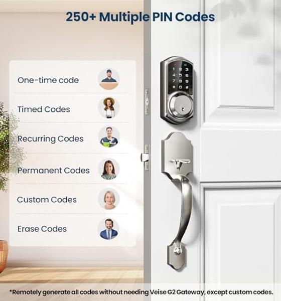 Veise Smart Front Door Lock Set, App Control, Keyless Entry Deadbolt with Lever Handle, Electronic Digital Touchscreen Keypad, Auto Lock, Easy Install, Satin Nickel