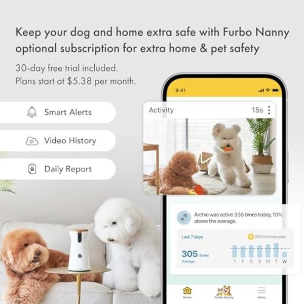 Furbo 360° Dog Camera: Home Security Camera with Barking Alerts, Rotating Pet Treat Dispenser with Phone App, Smart Home Indoor Puppy Cam with 2-Way Speaker and Night Vision (No Su