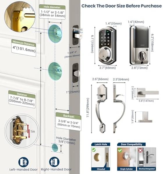Veise Smart Front Door Lock Set, App Control, Keyless Entry Deadbolt with Lever Handle, Electronic Digital Touchscreen Keypad, Auto Lock, Easy Install, Satin Nickel