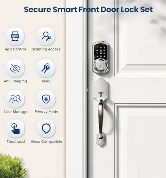 Veise Smart Front Door Lock Set, App Control, Keyless Entry Deadbolt with Lever Handle, Electronic Digital Touchscreen Keypad, Auto Lock, Easy Install, Satin Nickel