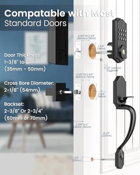 Smart Front Door Lock Set, APP Control Keyless Entry Door Lock with Handle, Smart Fingerprint Deadbolt, Anti-Peeping Electronic Keypad, Auto Lock, Easy Install, Black