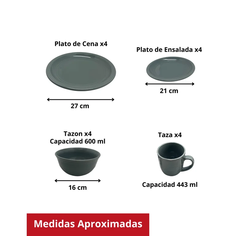 Vajilla De Cerámica Gris Oscuro 16 Pz Houseware 38087