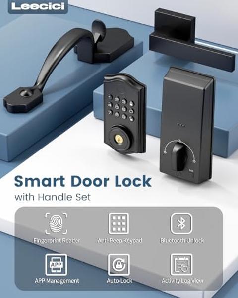Smart Front Door Lock Set, APP Control Keyless Entry Door Lock with Handle, Smart Fingerprint Deadbolt, Anti-Peeping Electronic Keypad, Auto Lock, Easy Install, Black