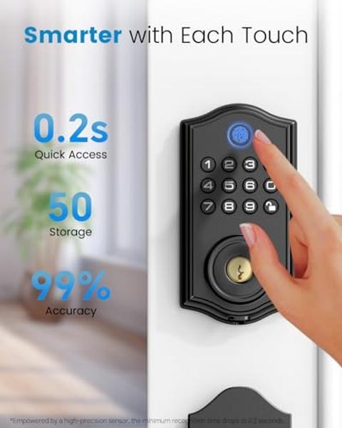 Smart Front Door Lock Set, APP Control Keyless Entry Door Lock with Handle, Smart Fingerprint Deadbolt, Anti-Peeping Electronic Keypad, Auto Lock, Easy Install, Black