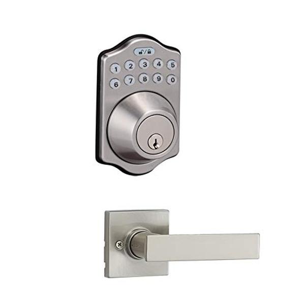 Amazon Basics Traditional Electronic Keypad, Keyless Entry Door Lock Deadbolt with Handle Set, Key Pad Front Door with Knob, Traditional Door Locks for Front Door, Door Handle, Sat