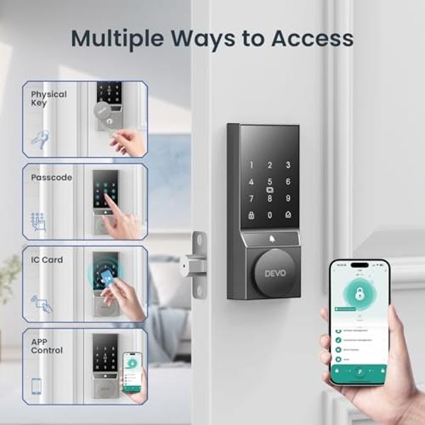 Devo G4 Smart Door Lock, 4 in 1 Keyless Entry Door Lock with Doorbell, Smart Deadbolt Lock for Front Door, App Control, Easy Installation, IP54 Waterproof, BHMA Grade 3