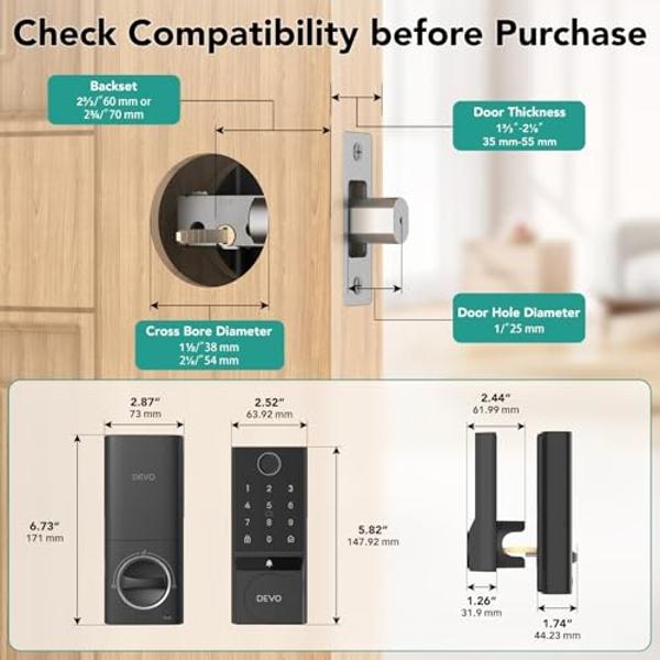 Devo G3 Door Lock for Front Door, 6 in 1 Fingerprint Keyless Entry Door Lock with Doorbell, Built-in Wi-Fi Smart Lock Deadbolt with App Remote Control, Easy Install No Hub, IP54 Wa
