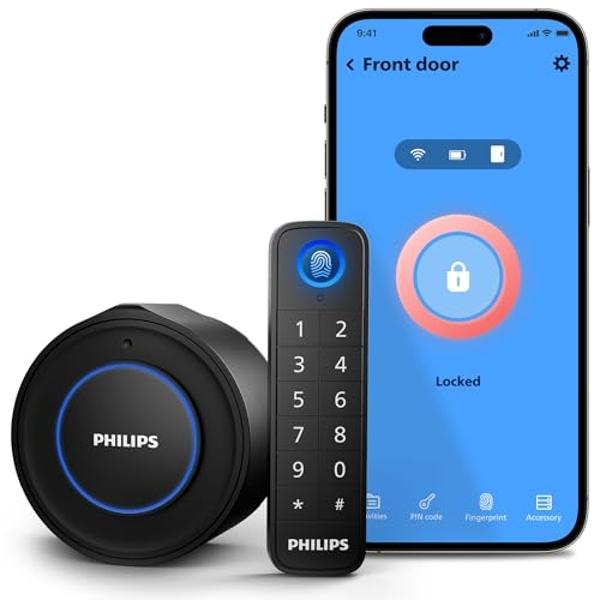 Philips WiFi Smart Lock with Fingerprint Keypad, Turn Your Existing Deadbolt into Smart Door Lock, Built-in WiFi, APP Remote Control, Keyless Entry Door Lock, Auto-Locking, Status 
