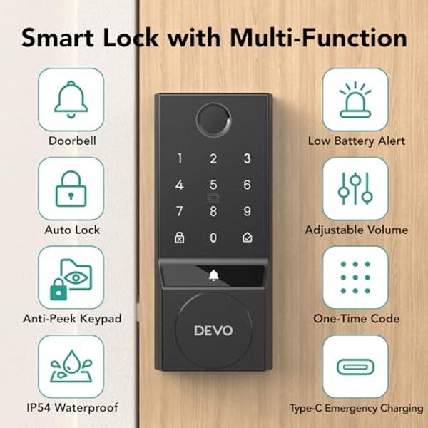 Devo G3 Door Lock for Front Door, 6 in 1 Fingerprint Keyless Entry Door Lock with Doorbell, Built-in Wi-Fi Smart Lock Deadbolt with App Remote Control, Easy Install No Hub, IP54 Wa