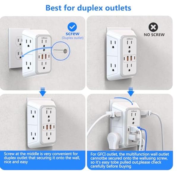 JcBlaon Outlet Extender Surge Protector - 6 Outlet Splitter with 4 USB Ports (2 USB C), Multiple Plug Expander Wall Charger, 3 Sided Multi Plug Wall Adapter Power Strip for Home Of