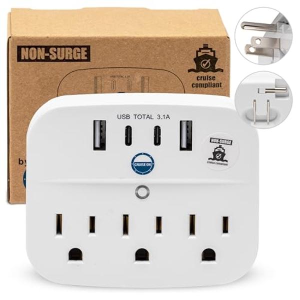Cruise Approved Power Strip Foldable, Non Surge Protector Travel Power Strip, 2 USB-C, 2 USB, 3 AC Outlet Plugs - Cruise Essentials for Carnival, Celebrity, Princess & Major Lines 