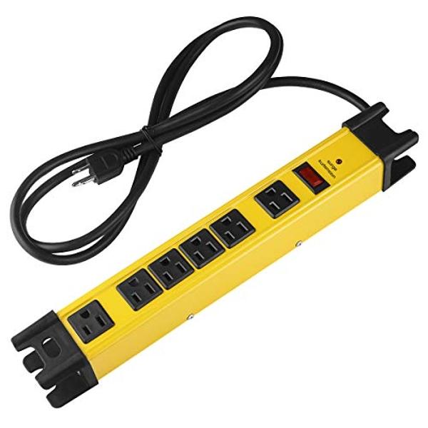 CCCEI Heavy Duty Power Strip Surge Protector with 15A, 6 Plug Industrial Shop Workshop Garden Metal Multiple Outlets, 6FT Extension Cord 1200 Joules ETL Listed, Yellow