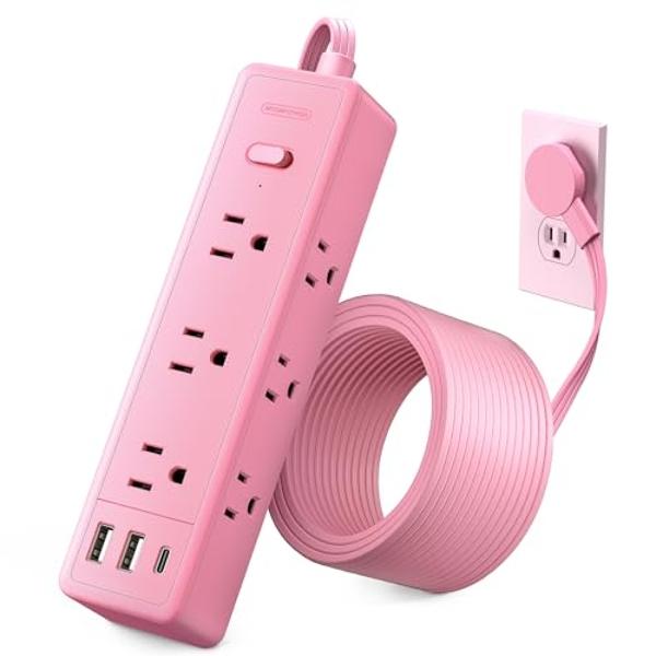 Pink Power Strip, NTONPOWER Surge Protector Power Strip 5FT Flat Extension Cord, 9 Outlets 3 USB Ports(1 USB C), Wall Mount, 1080J, Multiple Outlets for Home Office, Vanity Desk, N