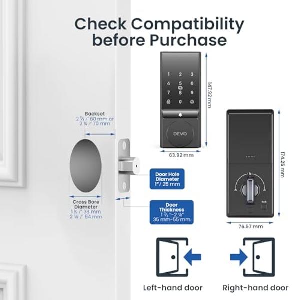 Devo G4 Smart Door Lock, 4 in 1 Keyless Entry Door Lock with Doorbell, Smart Deadbolt Lock for Front Door, App Control, Easy Installation, IP54 Waterproof, BHMA Grade 3