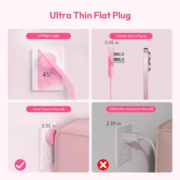 Pink Power Strip, NTONPOWER Surge Protector Power Strip 5FT Flat Extension Cord, 9 Outlets 3 USB Ports(1 USB C), Wall Mount, 1080J, Multiple Outlets for Home Office, Vanity Desk, N