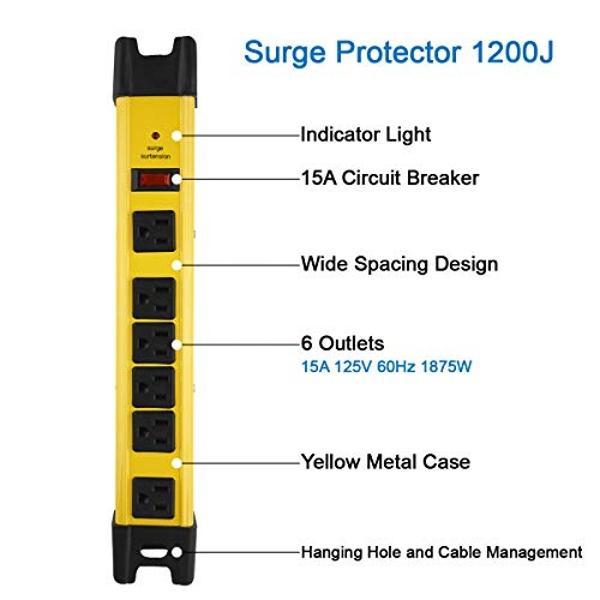CCCEI Heavy Duty Power Strip Surge Protector with 15A, 6 Plug Industrial Shop Workshop Garden Metal Multiple Outlets, 6FT Extension Cord 1200 Joules ETL Listed, Yellow
