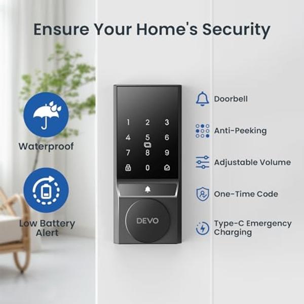 Devo G4 Smart Door Lock, 4 in 1 Keyless Entry Door Lock with Doorbell, Smart Deadbolt Lock for Front Door, App Control, Easy Installation, IP54 Waterproof, BHMA Grade 3