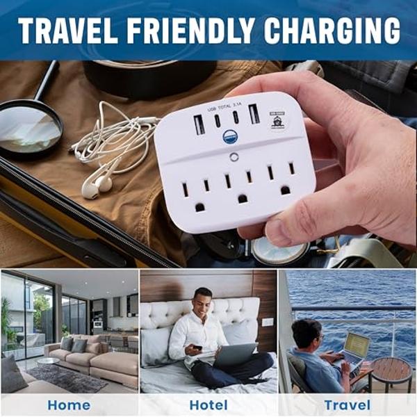 Cruise Approved Power Strip Foldable, Non Surge Protector Travel Power Strip, 2 USB-C, 2 USB, 3 AC Outlet Plugs - Cruise Essentials for Carnival, Celebrity, Princess & Major Lines 