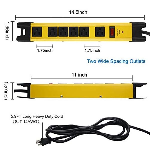 CCCEI Heavy Duty Power Strip Surge Protector with 15A, 6 Plug Industrial Shop Workshop Garden Metal Multiple Outlets, 6FT Extension Cord 1200 Joules ETL Listed, Yellow