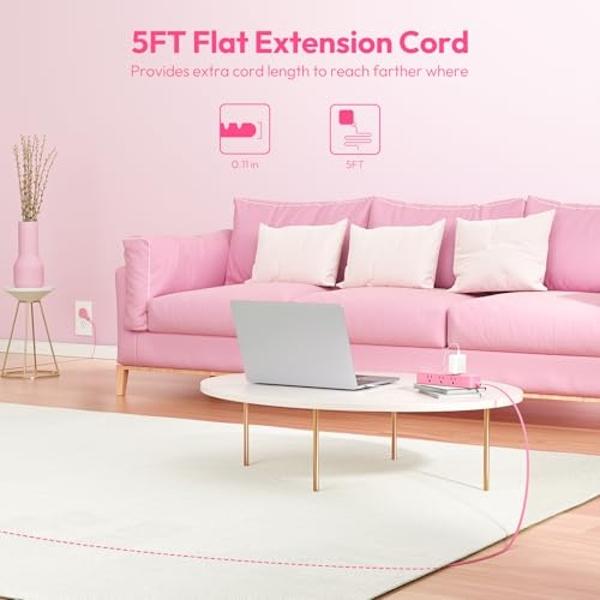 Pink Power Strip, NTONPOWER Surge Protector Power Strip 5FT Flat Extension Cord, 9 Outlets 3 USB Ports(1 USB C), Wall Mount, 1080J, Multiple Outlets for Home Office, Vanity Desk, N