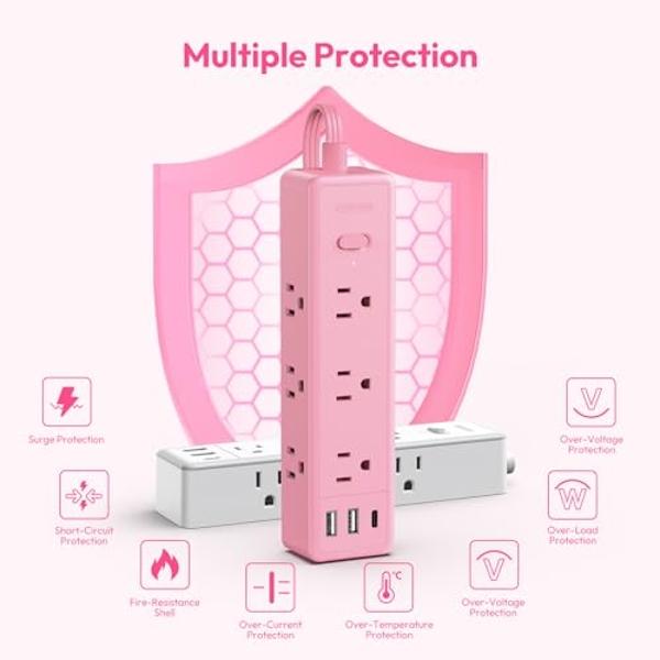 Pink Power Strip, NTONPOWER Surge Protector Power Strip 5FT Flat Extension Cord, 9 Outlets 3 USB Ports(1 USB C), Wall Mount, 1080J, Multiple Outlets for Home Office, Vanity Desk, N