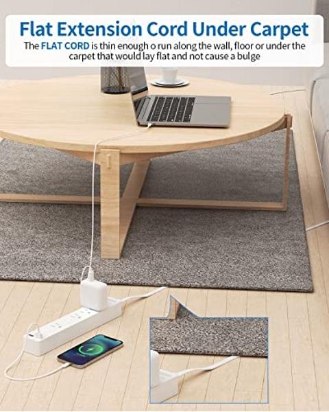 Flat Extension Cord 15 ft, NTONPOWER Ultra Thin Flat Extension Cord Under Carpet, Rug, Door, Wall Mount Power Strip Flat Plug with 4 Outlets 2 USB, Overload Protection for Home Off