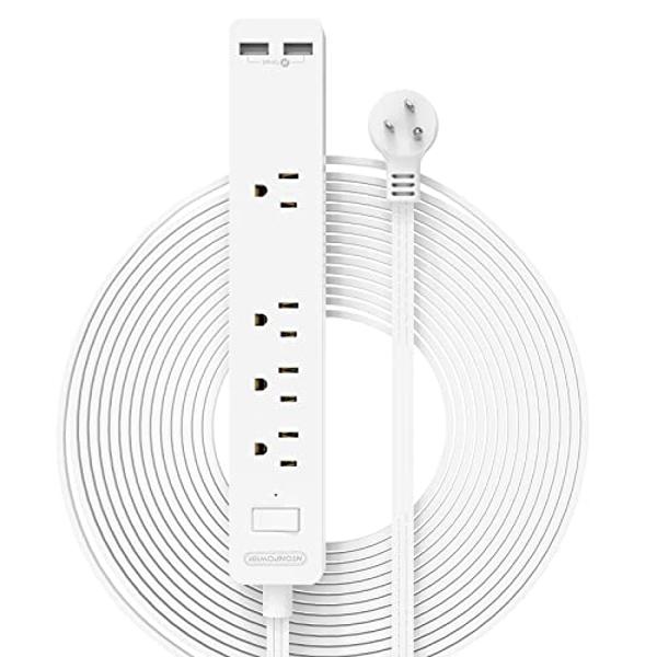 Flat Extension Cord 15 ft, NTONPOWER Ultra Thin Flat Extension Cord Under Carpet, Rug, Door, Wall Mount Power Strip Flat Plug with 4 Outlets 2 USB, Overload Protection for Home Off