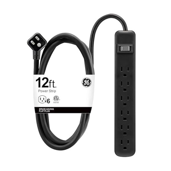 GE 6-Outlet Power Strip, 12 Ft Extension Cord, Flat Plug, Grounded, Integrated Circuit Breaker, 3-Prong, Wall Mount, ETL Listed, Black, 45192