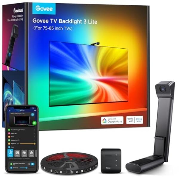 Govee TV Backlight 3 Lite with Fish-Eye Correction Function Sync to 75-85 Inch TVs, 16.4ft RGBICW Wi-Fi LED Strip Lights with Camera, 4 Colors in 1 Lamp Bead, Voice and APP Control