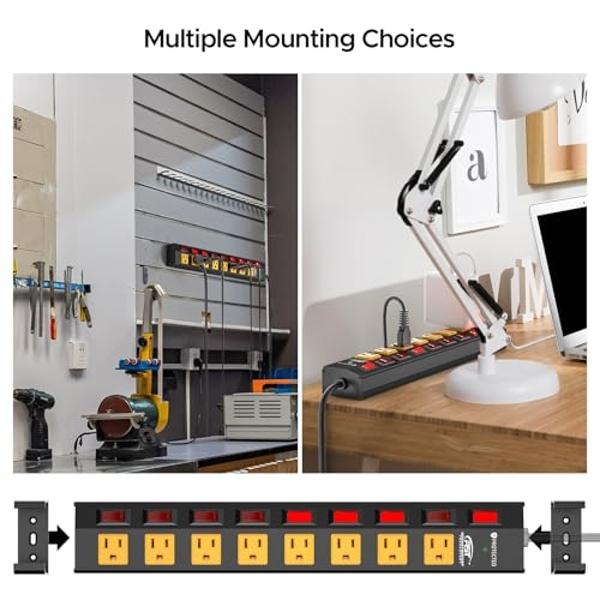 CRST 8 Outlet Heavy Duty Power Strip with Individual Switches, 15A/1875W Metal Power Strip Surge Protector with Circuit Breaker (1200 Joules), 6 FT 14AWG Extension Cord and Mountin