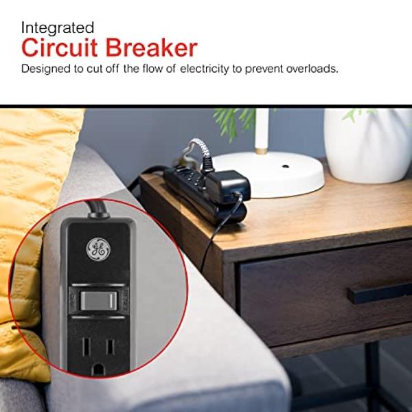GE 6-Outlet Power Strip, 12 Ft Extension Cord, Flat Plug, Grounded, Integrated Circuit Breaker, 3-Prong, Wall Mount, ETL Listed, Black, 45192